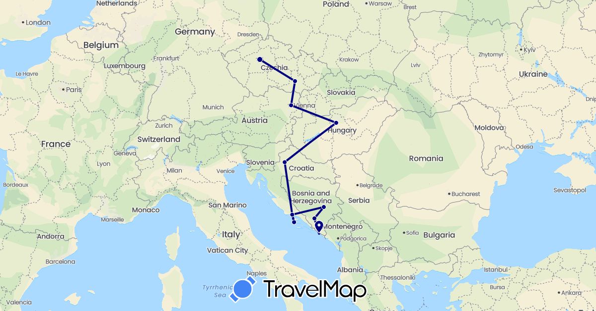 TravelMap itinerary: driving in Austria, Bosnia and Herzegovina, Czech Republic, Croatia, Hungary (Europe)